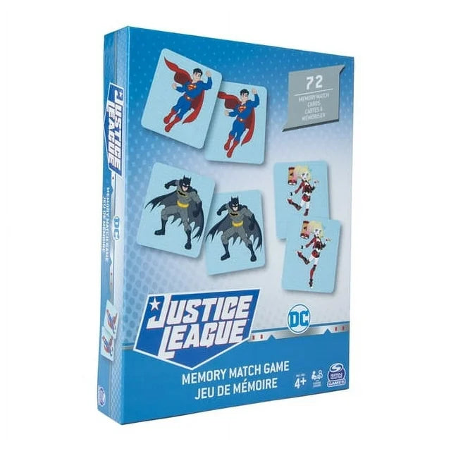A boxed DC Justice League Memory Match Game featuring colorful illustrations of superhero characters like Superman, Wonder Woman, and Batman.