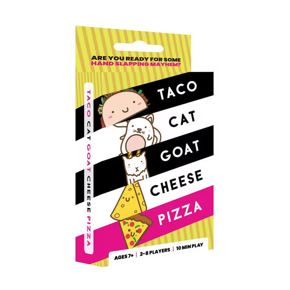 Taco Cat Goat Cheese Pizza game packaging with cartoon character and text on a white background