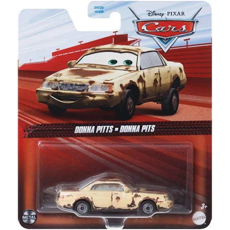 Toy car in packaging with race track background