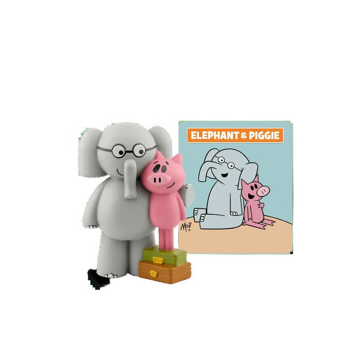 Figurine of an elephant and a pig with a 'Elephant & Piggie' book in the background