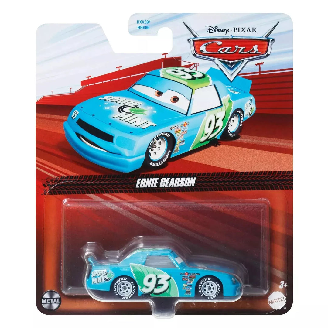 Toy car in packaging with a race track background