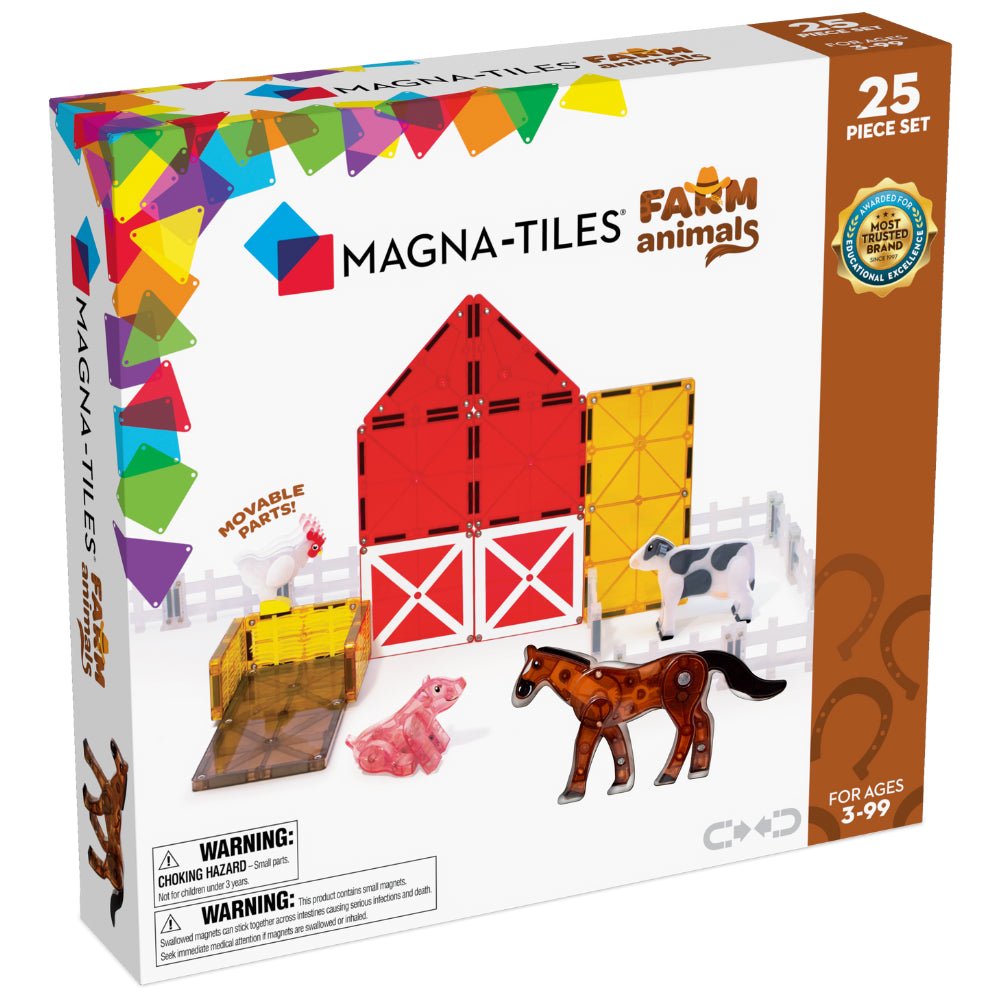 Packaging for MAGNA-TILES Farm Animals 25-Piece Set with illustrations of the magnetic tiles and farm animals including a horse, cow, pig, and chicken. The set appears to include a red barn and a magnetic fence.