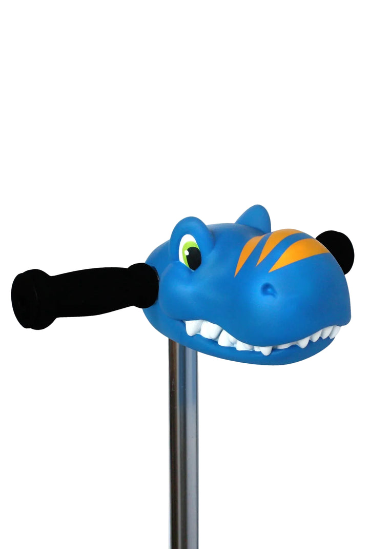 Blue dinosaur-shaped scooter handlebar on a white background