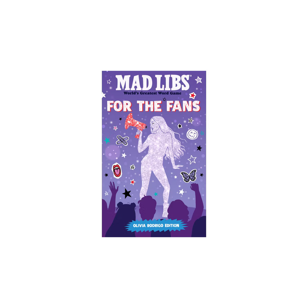 Mad Libs book cover with a purple background and illustration of a person holding a microphone, surrounded by silhouettes and stars.