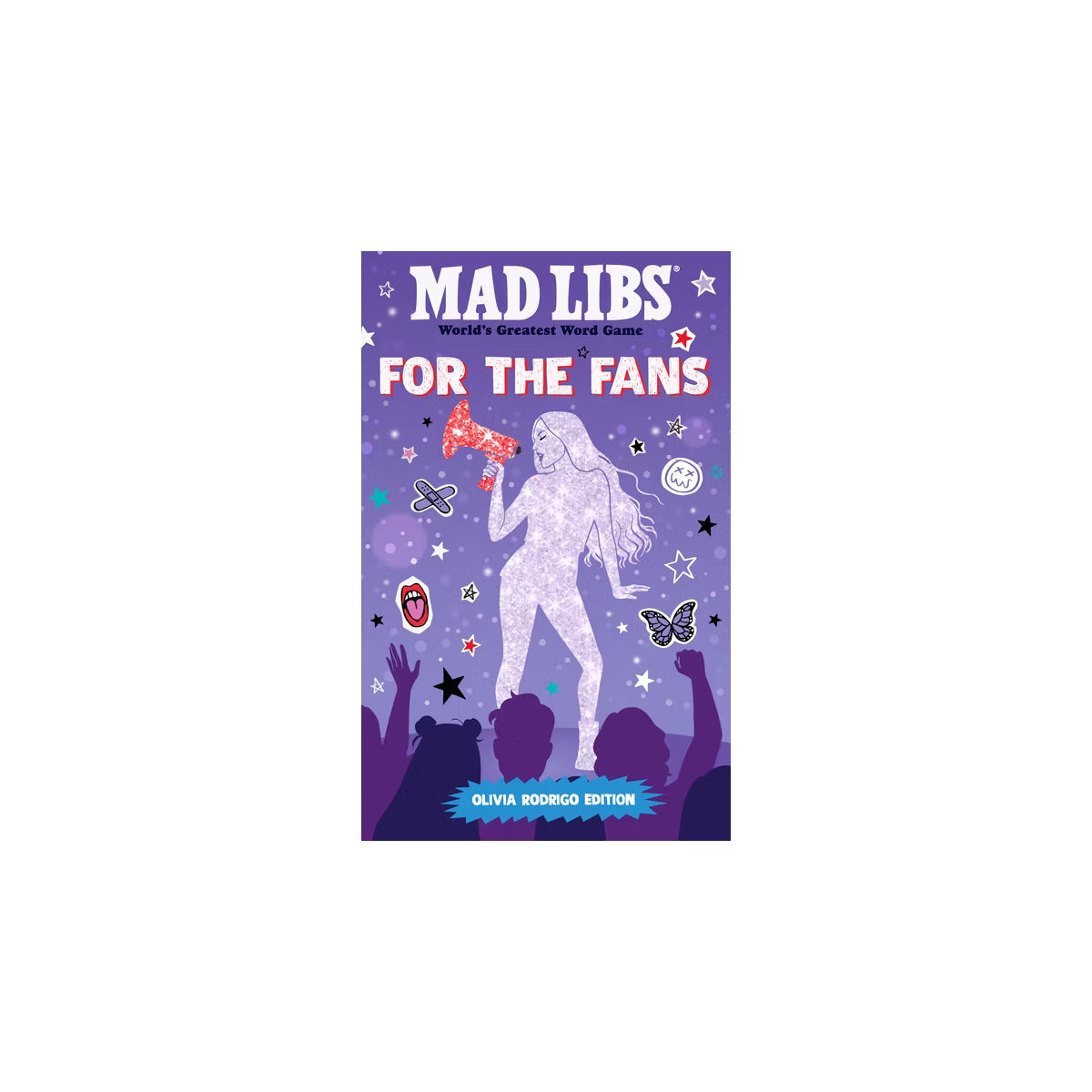 Mad Libs book cover with a purple background and illustration of a person holding a microphone, surrounded by silhouettes and stars.