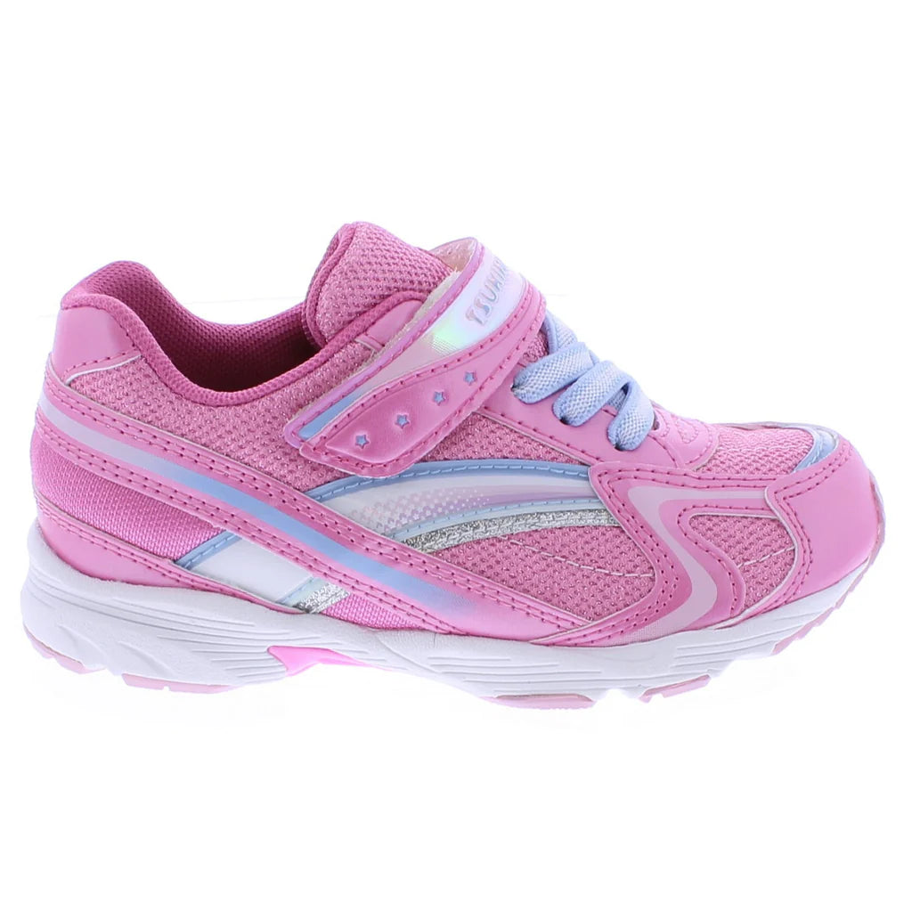 A pair of pink Tsukihoshi Glitz Glitter Sparkle sneakers for toddlers, featuring a hook-and-loop closure and elastic laces.