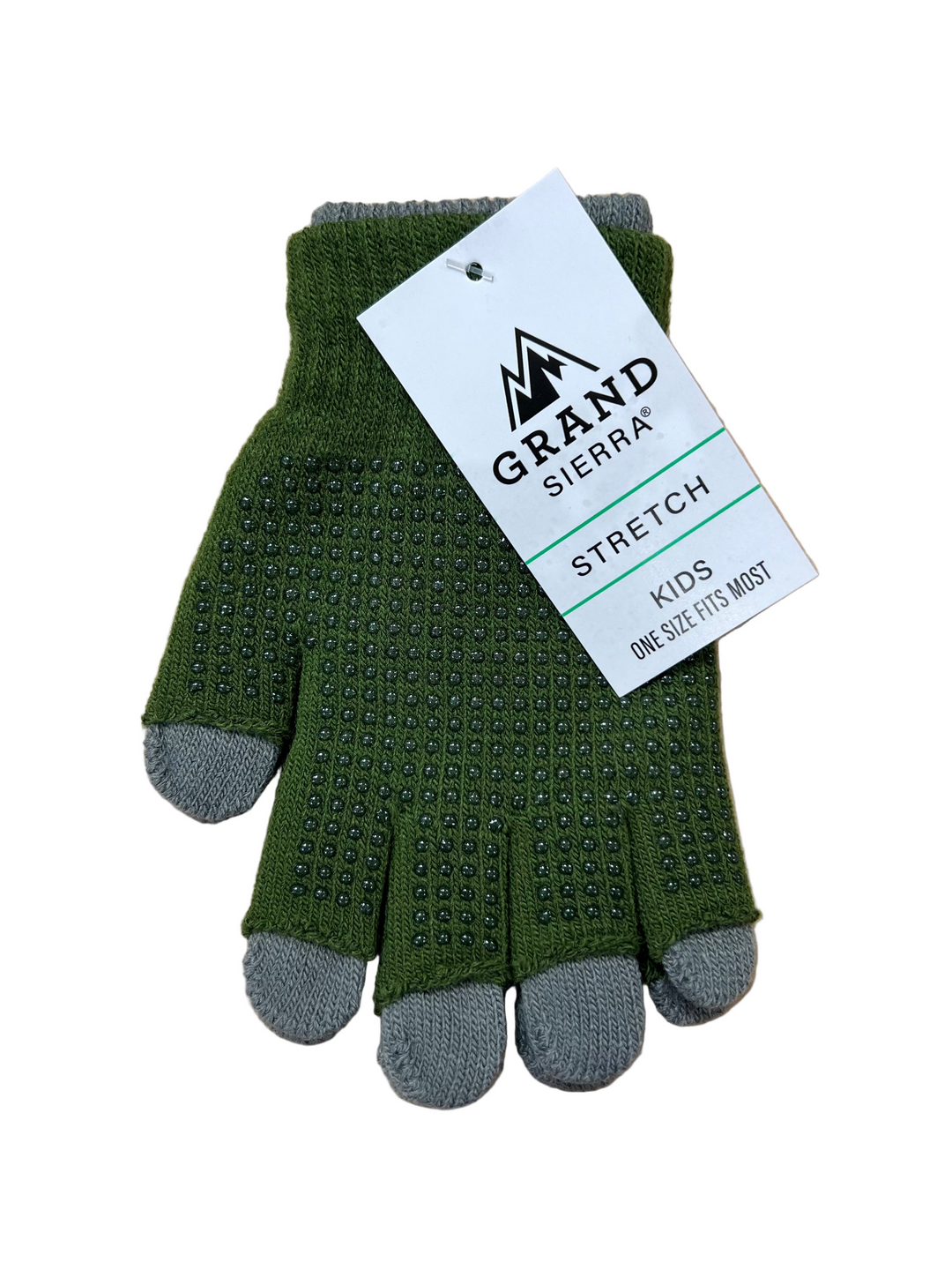 Green gloves with gray accents on a wooden surface, featuring a Grand Sierra tag.