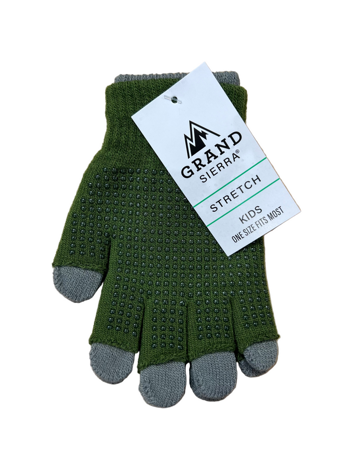 Green gloves with gray accents on a wooden surface, featuring a Grand Sierra tag.
