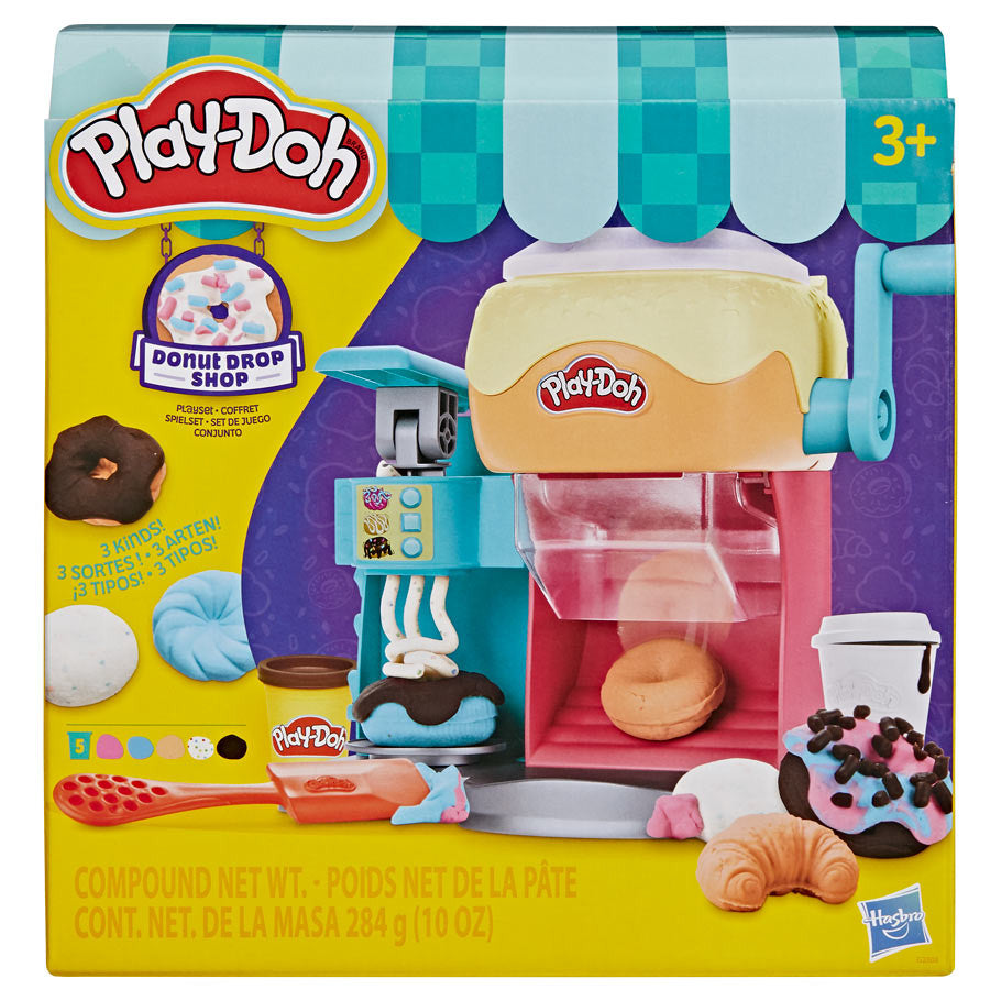 Play-Doh Donut Drop Shop toy set packaging with colorful design and Play-Doh branding.