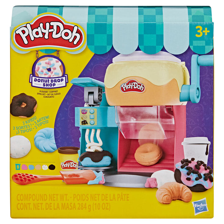 Play-Doh Donut Drop Shop toy set packaging with colorful design and Play-Doh branding.