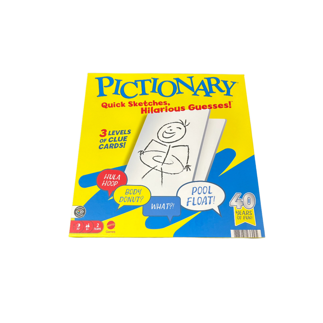 Packaging for the Pictionary game showing the game's name, a drawing of a character making a guess, and the age recommendation.