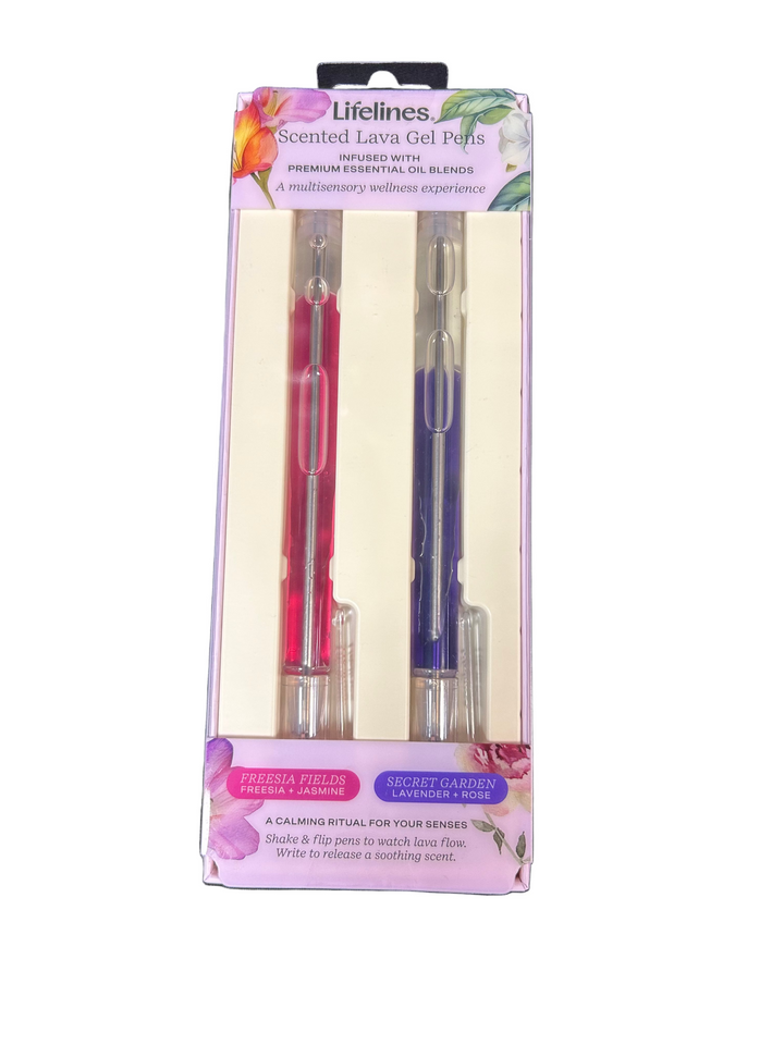 Packaged scented lavender gel pens with a black background