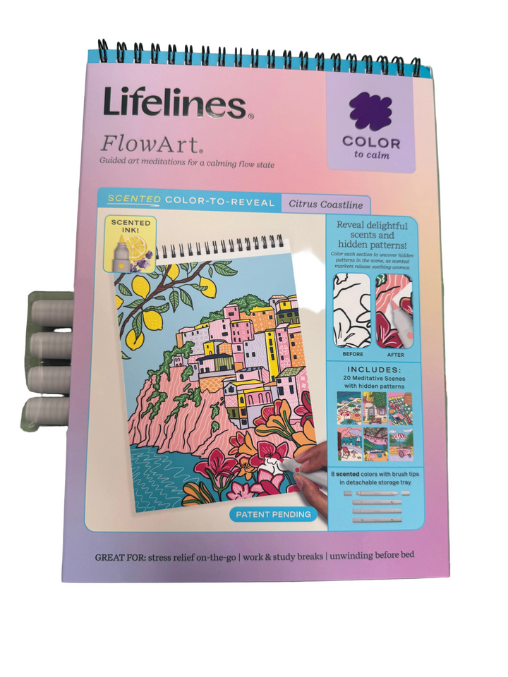 A Lifelines FlowArt color-to-reveal meditation pad titled &
