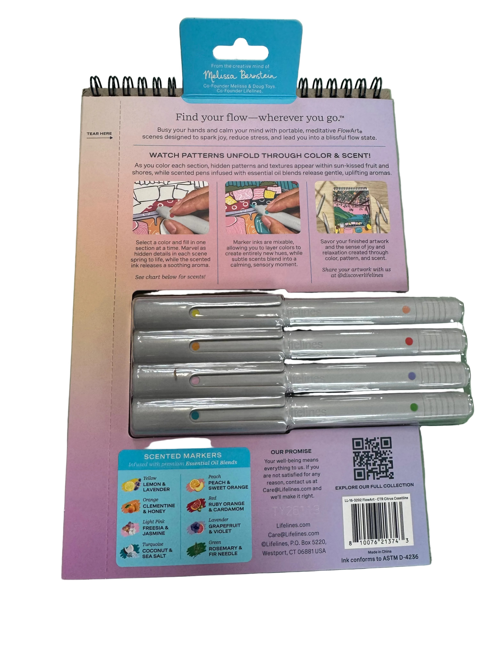 Melalee Berdina Scented Markers Scramble Collection 3-pack, showing the back of the product packaging with three silver markers visible inside, set against a green background.