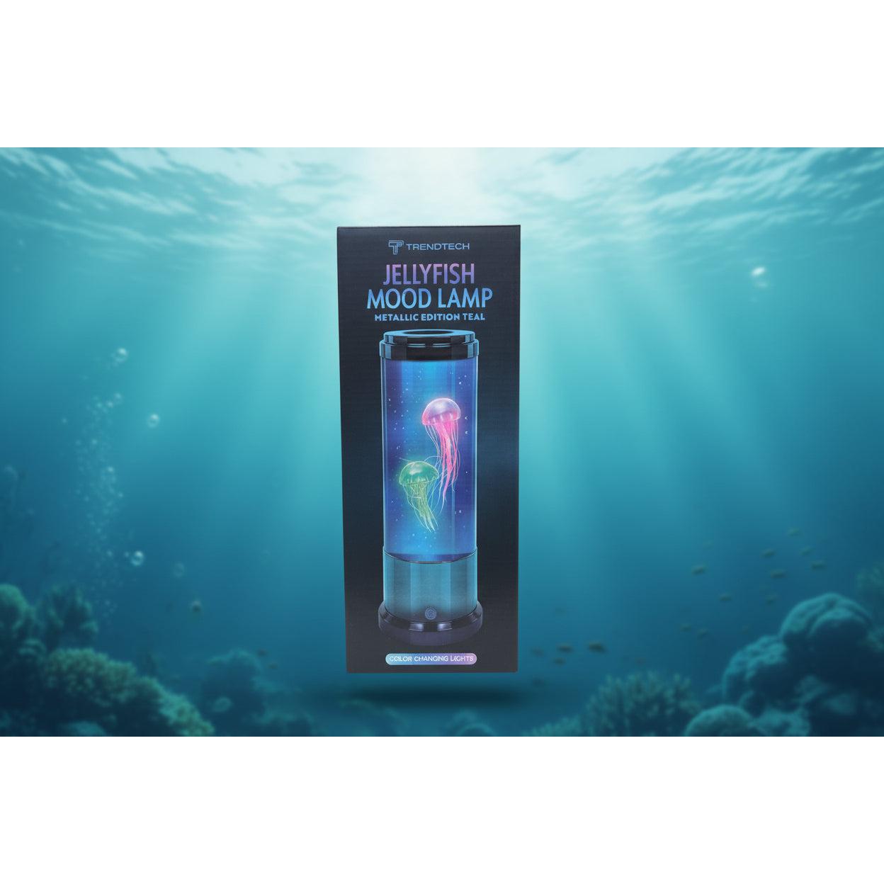 Trenditech Jellyfish Mood Lamp packaging with a jellyfish illustration on a black background.