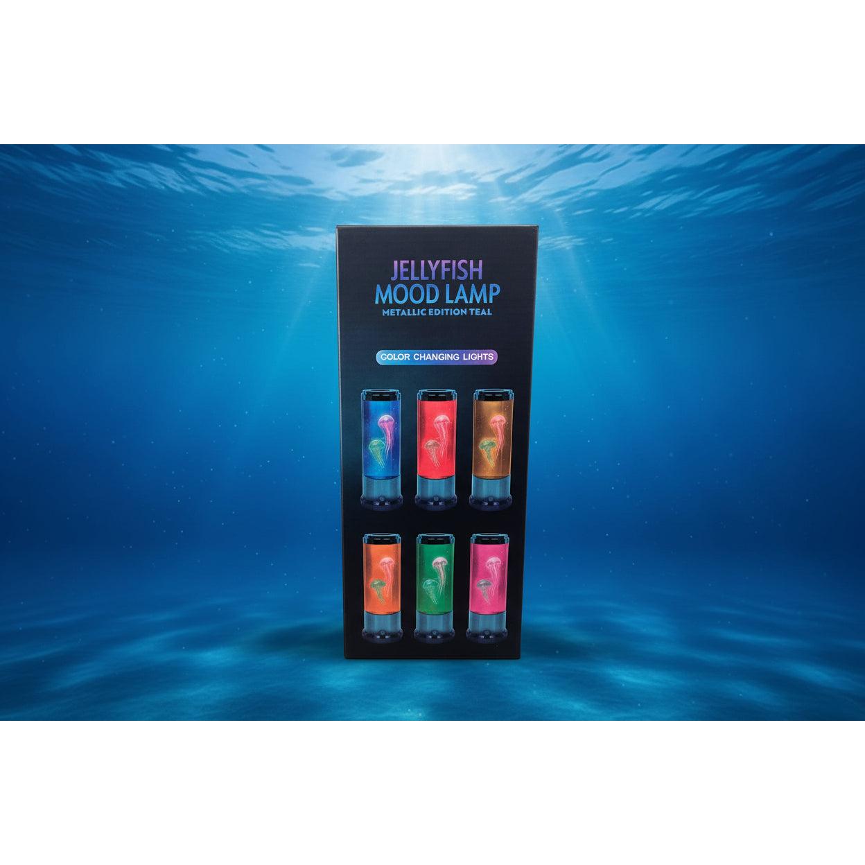 Jellyfish Mood Lamp packaging with color-changing lights on a light green surface.