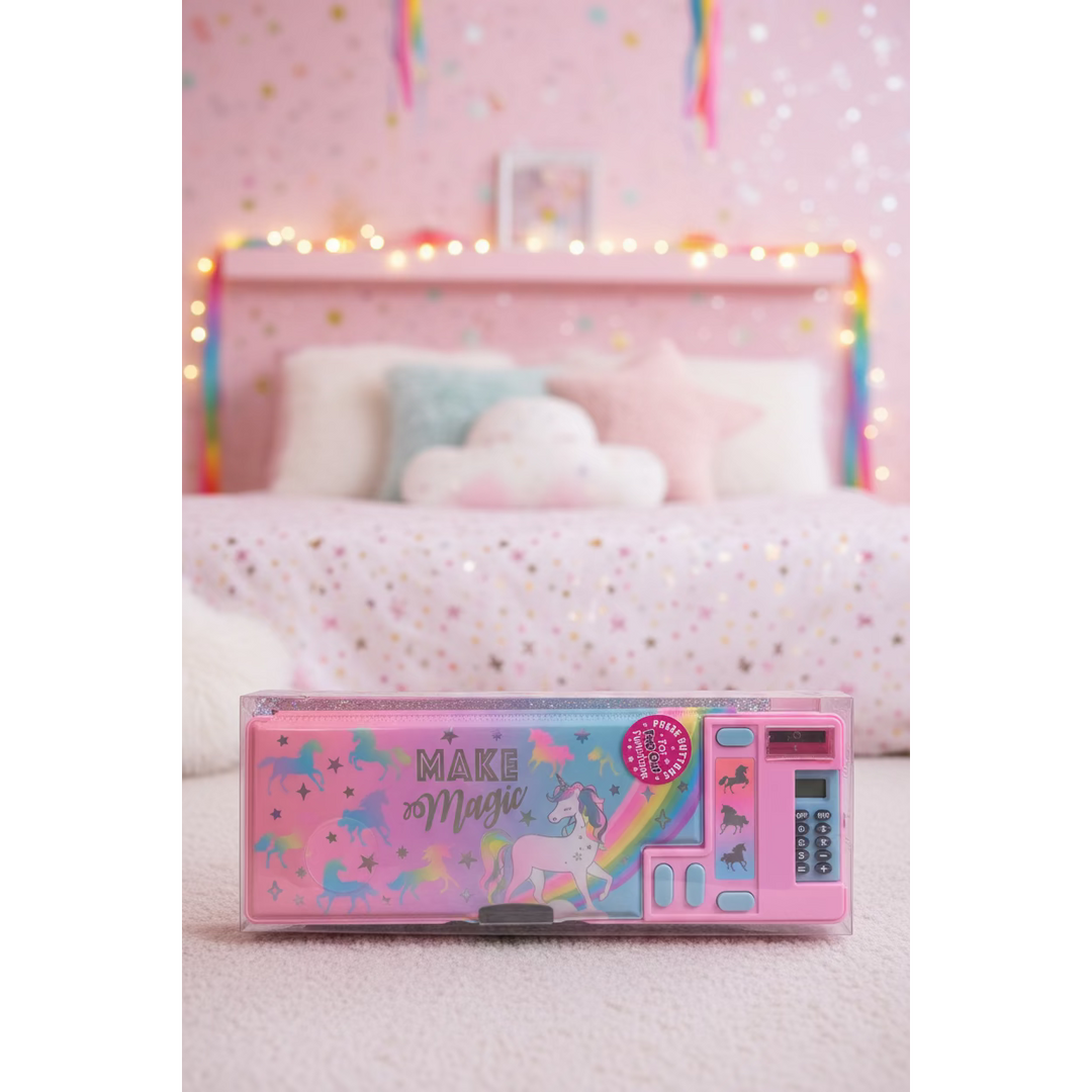 A pink unicorn-themed plastic pencil case with a built-in calculator window, displayed on a store counter with other similar items in the background.