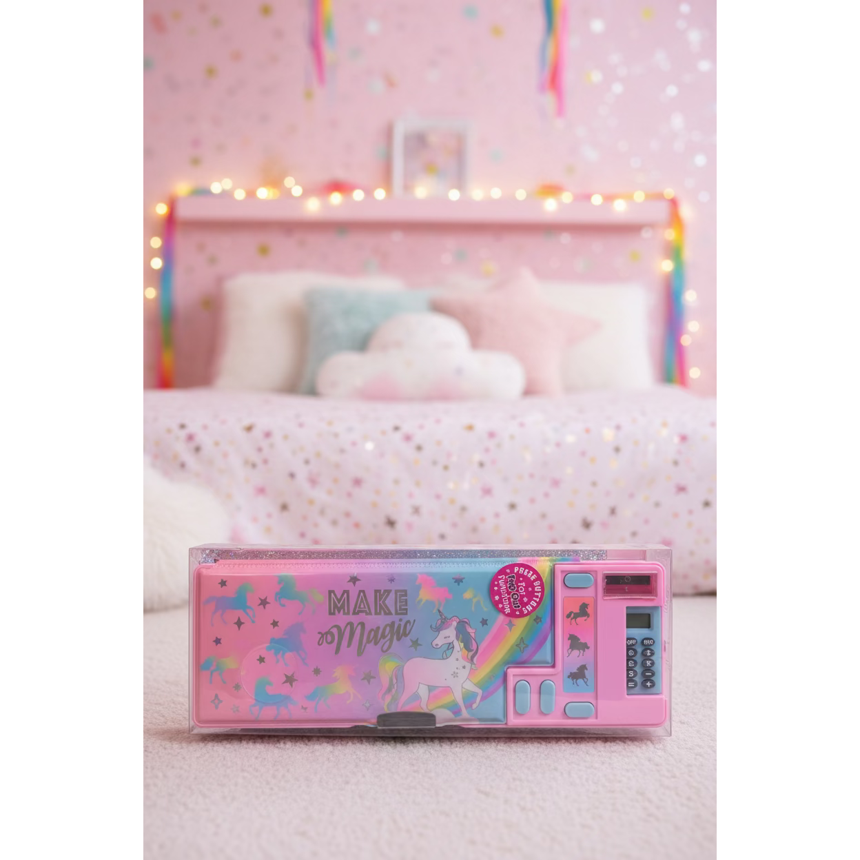A pink unicorn-themed plastic pencil case with a built-in calculator window, displayed on a store counter with other similar items in the background.