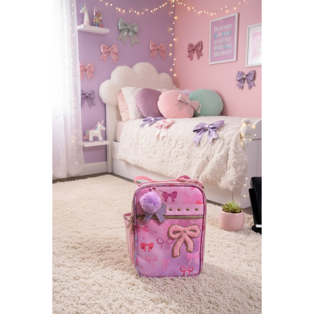 A pink school bag with a bow pattern, featuring a large textured pink bow applique on the front, a purple faux-fur pom-pom charm, and a side mesh pocket, shown on a green tabletop.