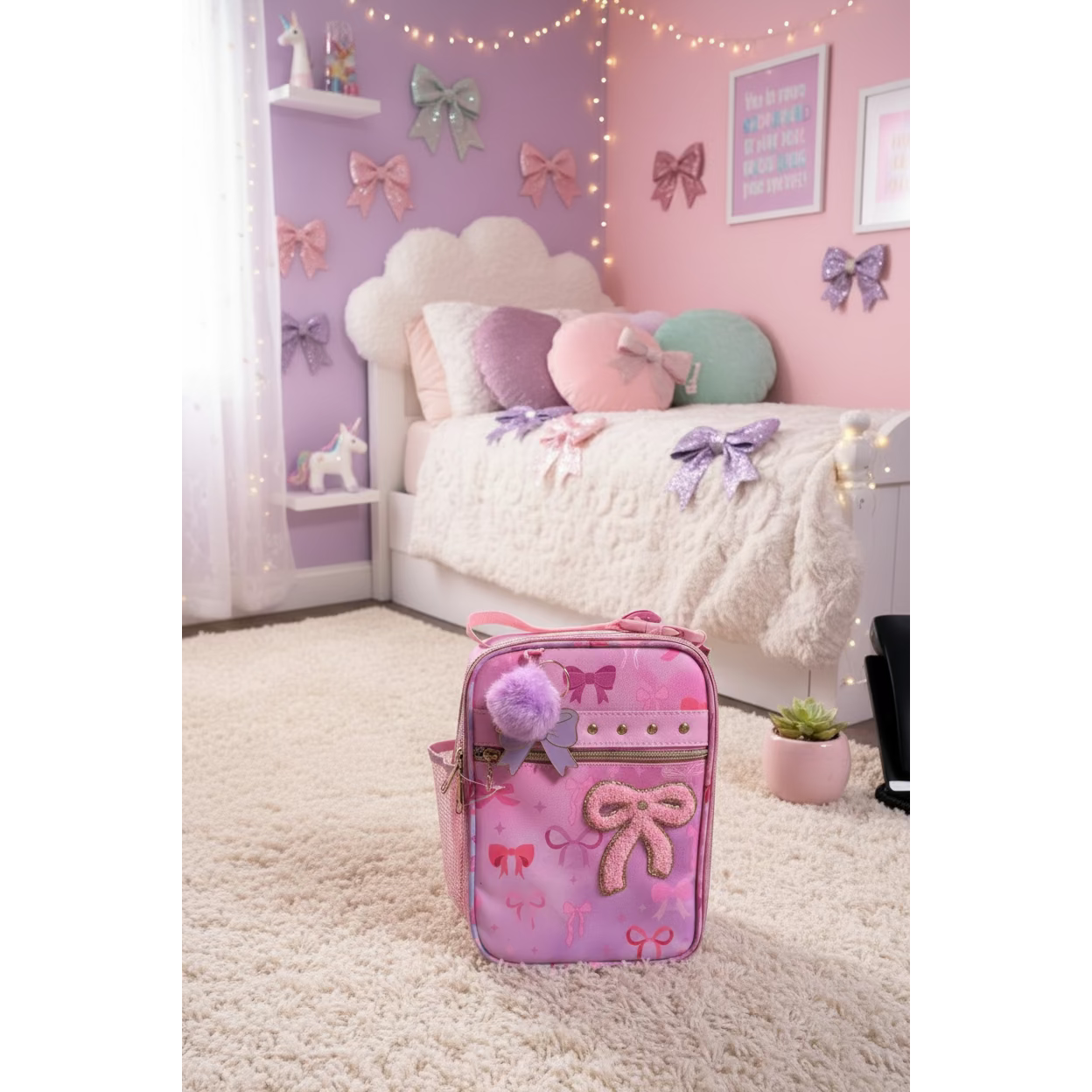 A pink school bag with a bow pattern, featuring a large textured pink bow applique on the front, a purple faux-fur pom-pom charm, and a side mesh pocket, shown on a green tabletop.