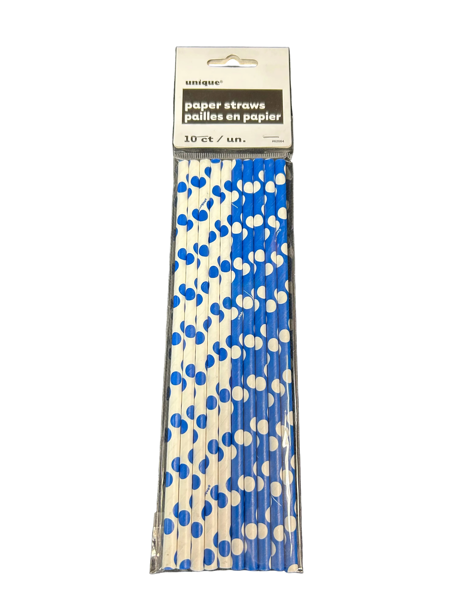 A 10-count package of paper straws by the brand 'unique', featuring a blue and white polka dot pattern on a black textured background.