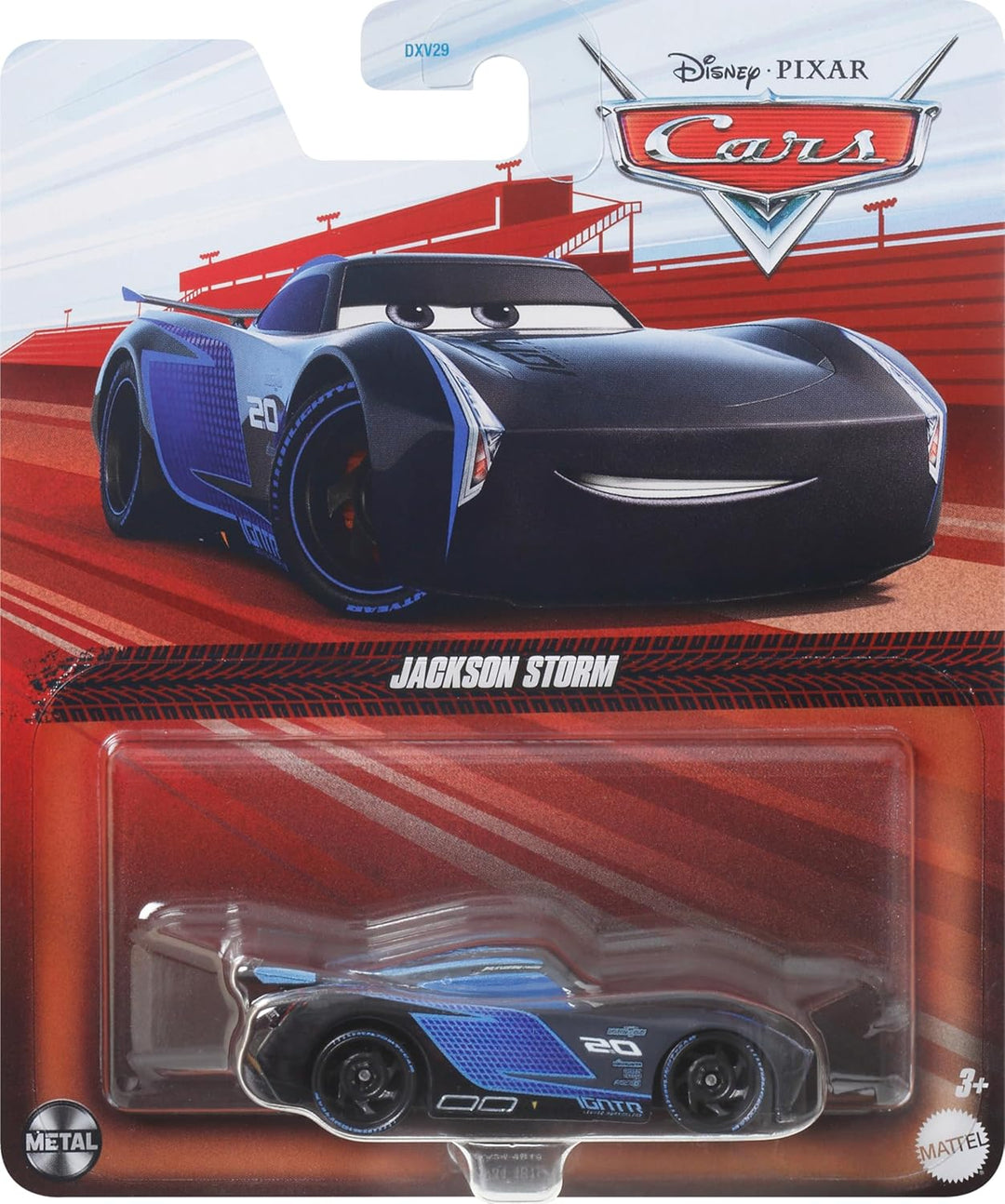 Toy car packaging featuring Jackson Storm from Disney Pixar Cars series