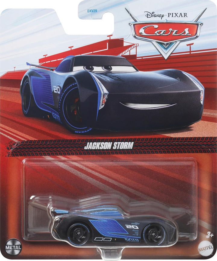 Toy car packaging featuring Jackson Storm from Disney Pixar Cars series