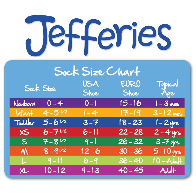 Product image showing the Jefferies Socks brand logo and a chart with sock size options, ranging from newborn to adult sizes.