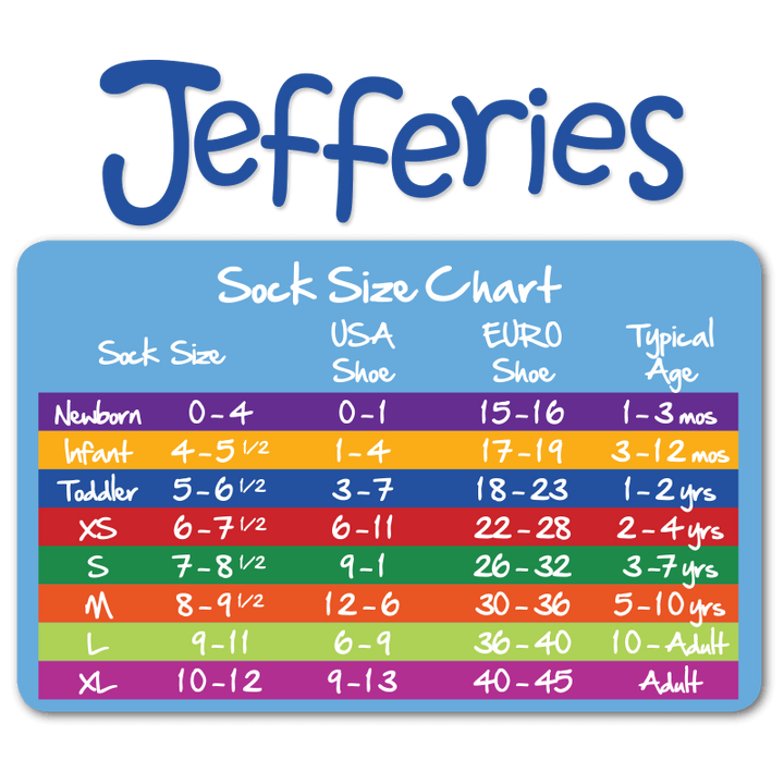 Product image showing the Jefferies Socks brand logo and a chart with sock size options, ranging from newborn to adult sizes.