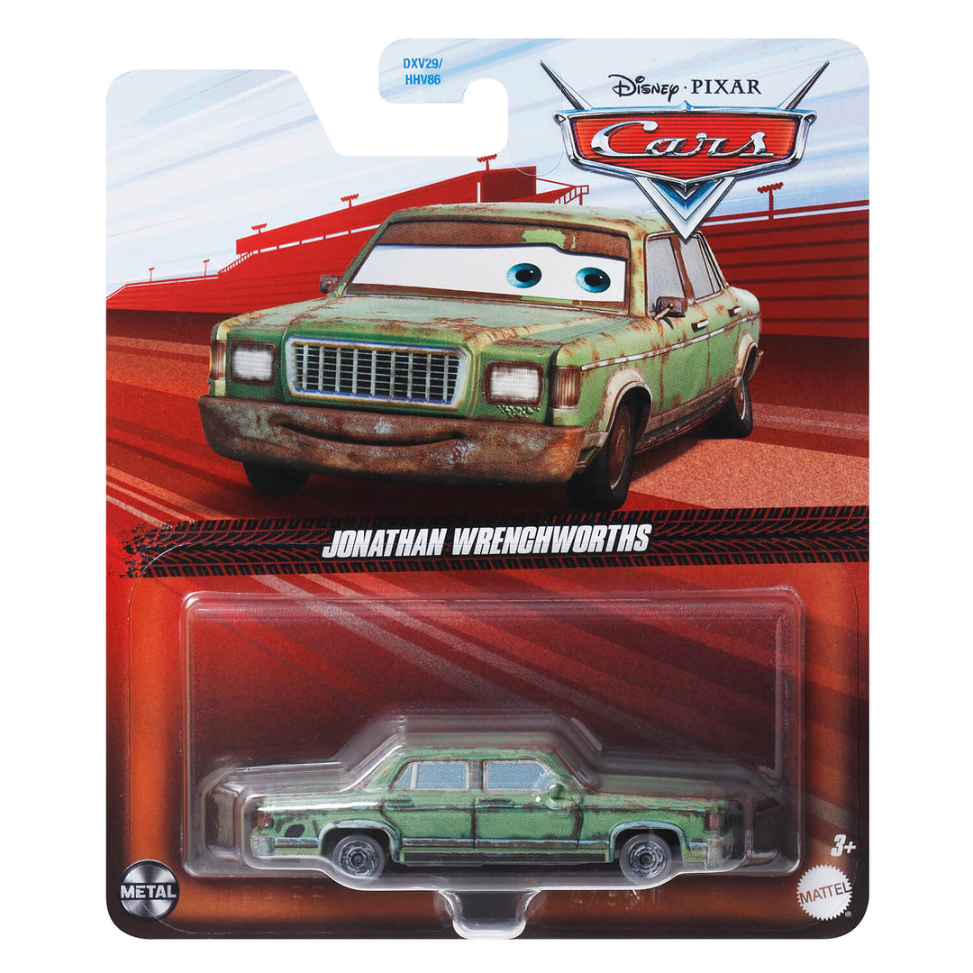 Toy car in packaging with a race track background