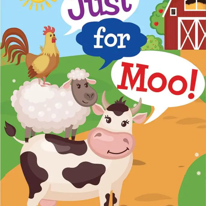 A gift enclosure card featuring a cartoon cow with the text 'Just for Moo!' and illustrations of a chicken and a sheep in the background on a farm.