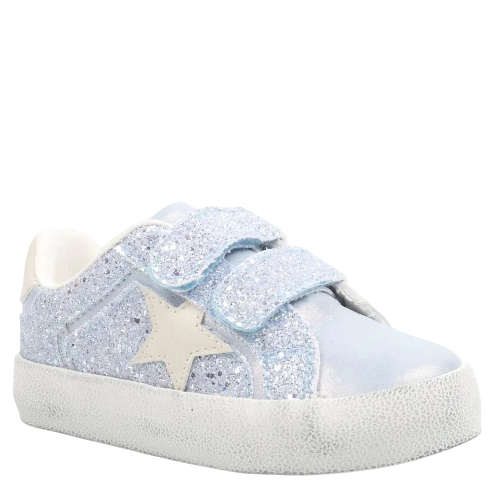 Light blue glittery sneaker with a star design on a white background