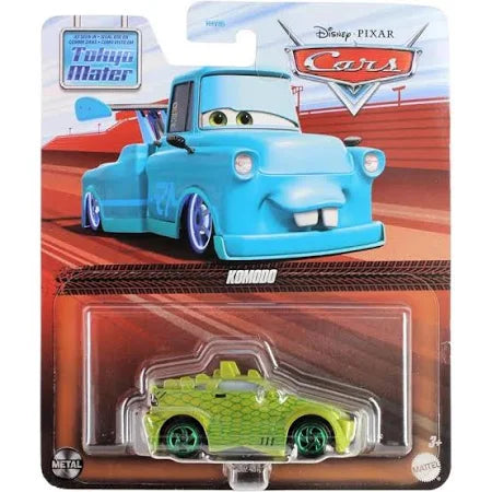 Toy car in packaging with a race track background