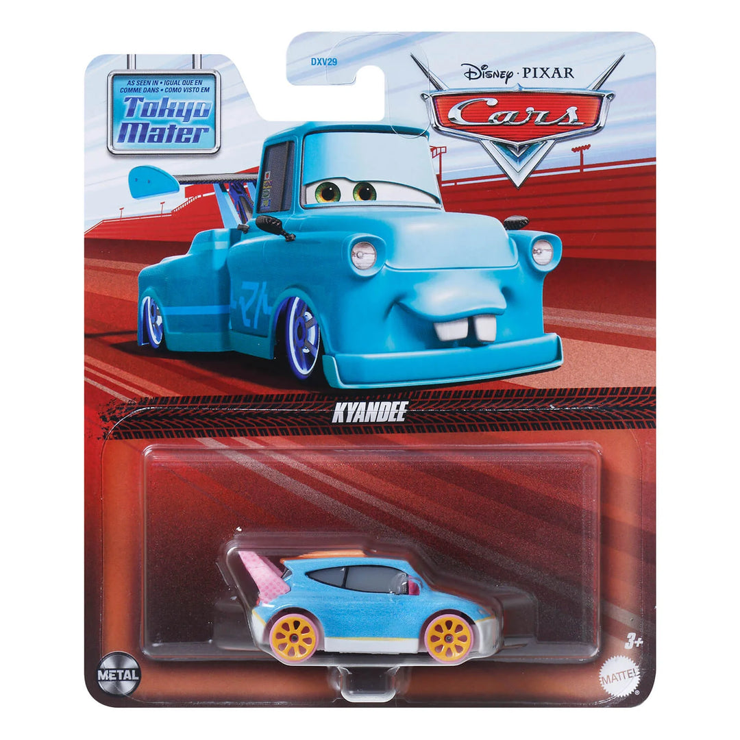Toy car in packaging with a race track background
