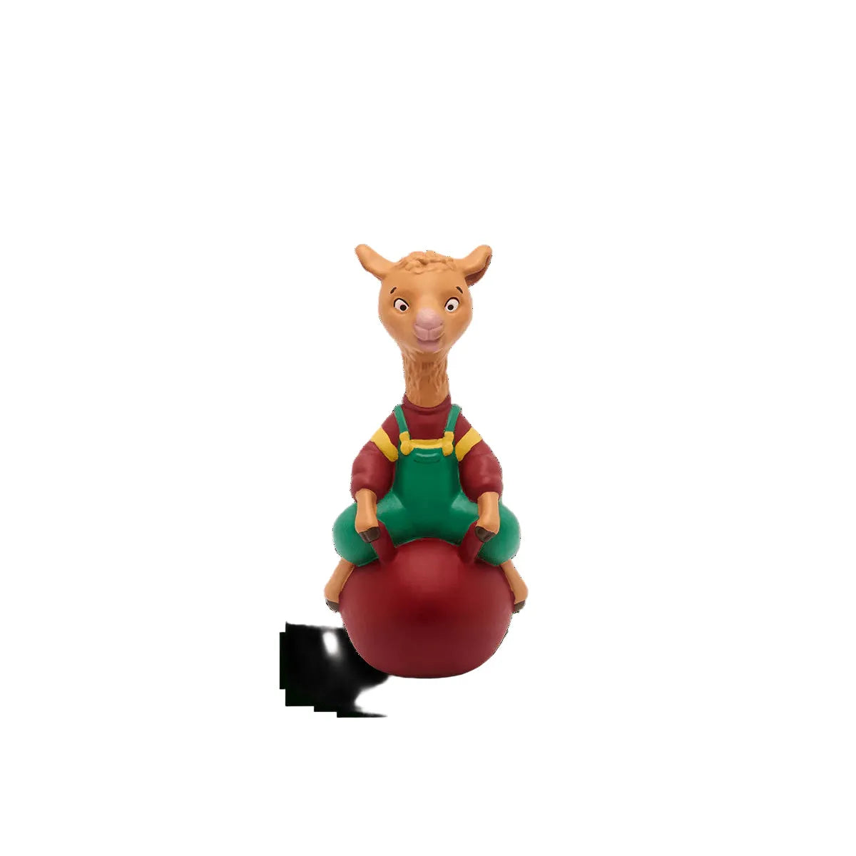 Toy llama figure with green overalls and red ball on a white background