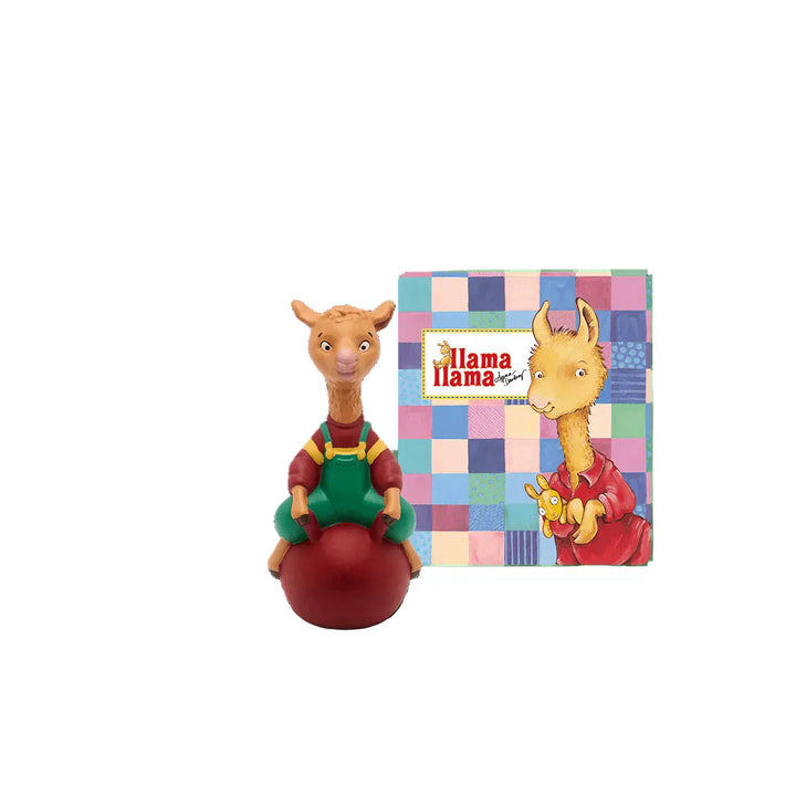 Figurine of a llama on a red ball with a colorful checkered background featuring the 'Alma Llama' logo.