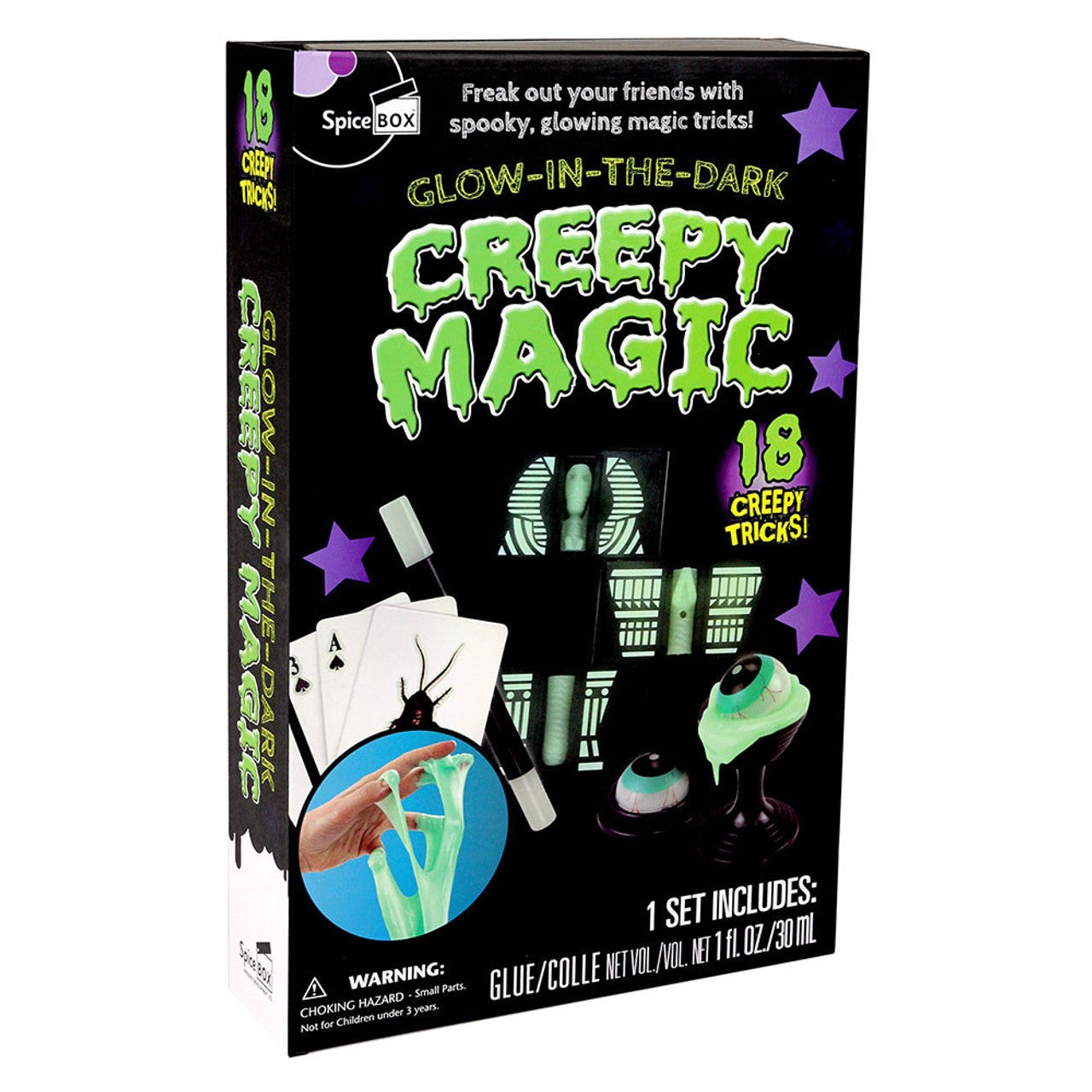 Packaging for Spicebox Play Box Creepy Glow-in-the-Dark Magic kit, displaying various glow-in-the-dark props and tricks with a black background.