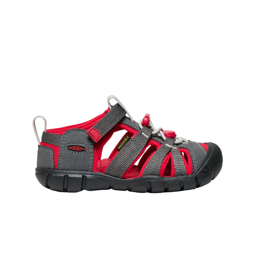 Gray and red sandal with KEEN logo on a white background