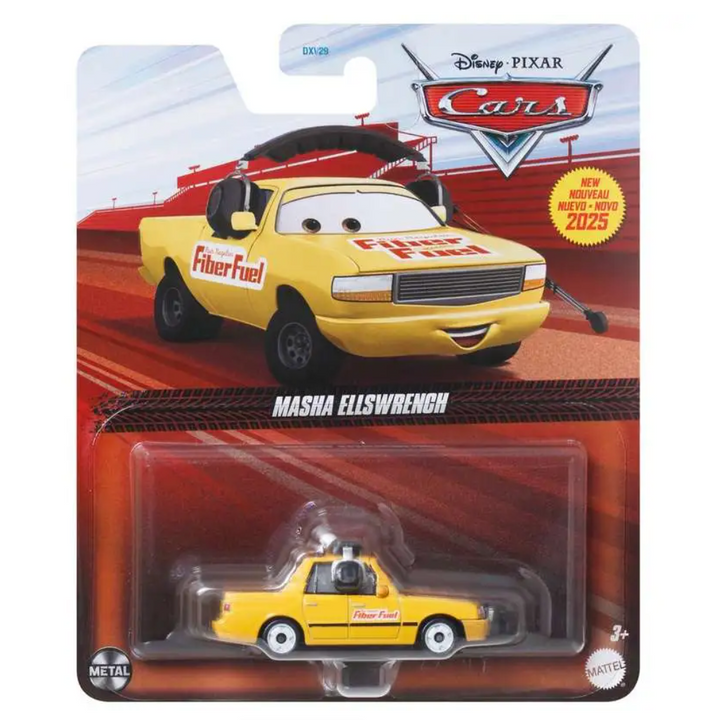 Yellow toy car in packaging with 'Disney Pixar Cars' branding