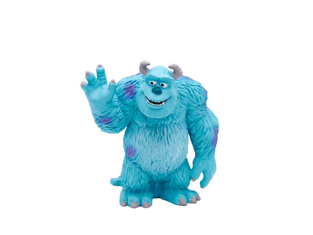 Blue animated character with horns on a white background