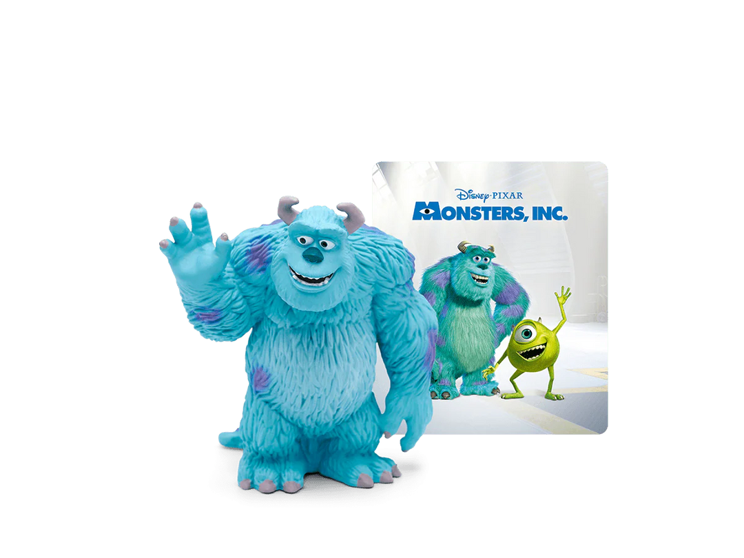 Blue animated character from 'Monsters, Inc.' with a Disney Pixar logo in the background