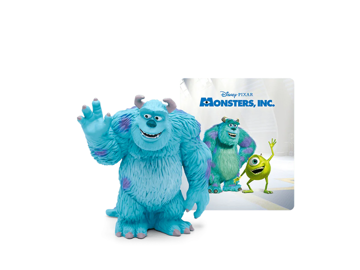 Blue animated character from 'Monsters, Inc.' with a Disney Pixar logo in the background
