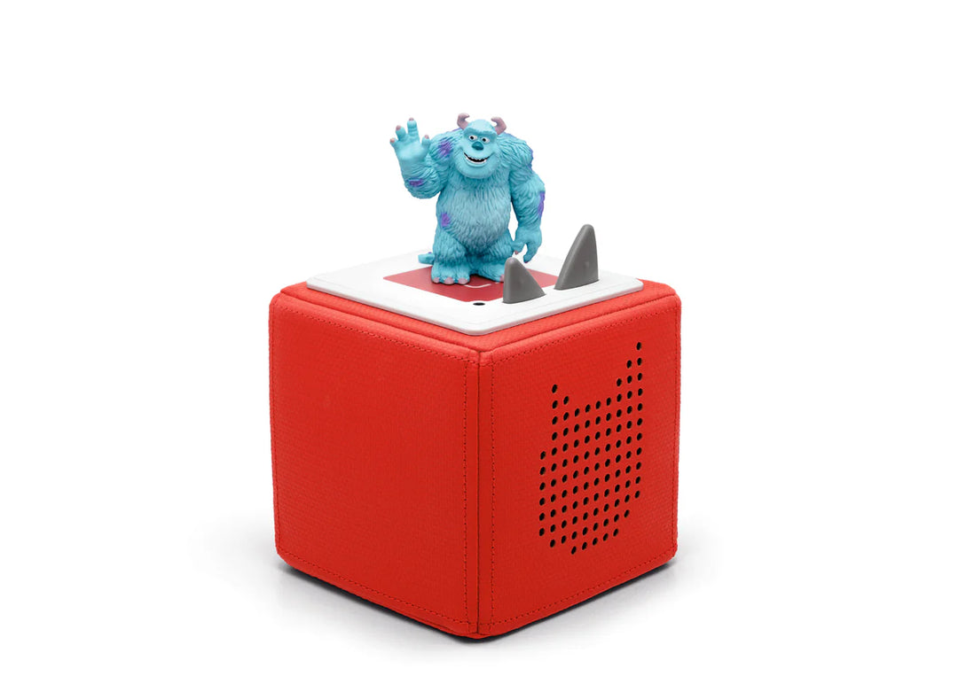 Blue cartoon character on a red and white box with shark fin design