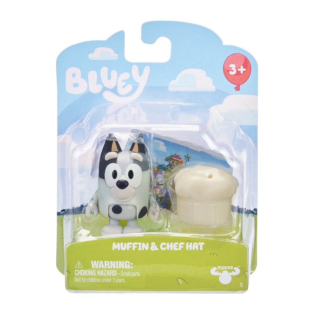 Packaged toy figures of Muffin and Chef Hat from Bluey with Bluey branding on the packaging.