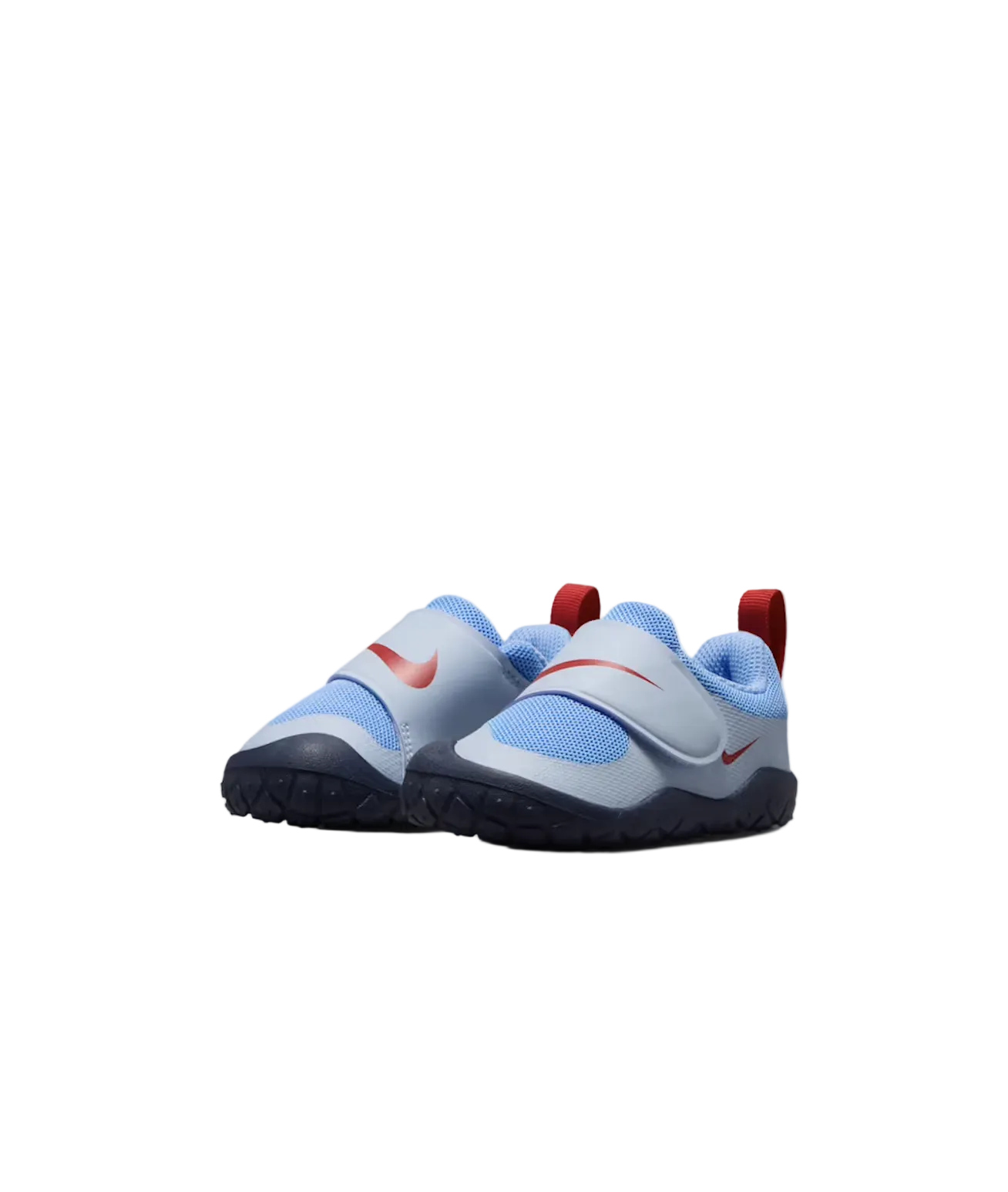 A pair of Nike toddler sneakers in light blue and navy with red swoosh accents and red pull tabs, shown on a clean white studio background.