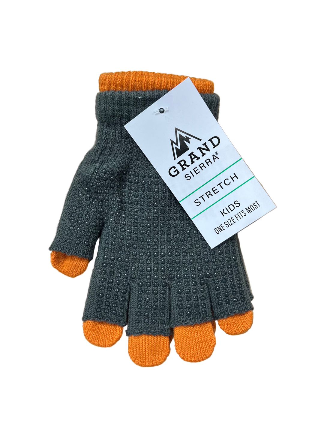 Gray and orange gloves with a Grand Sierra tag on a wooden surface