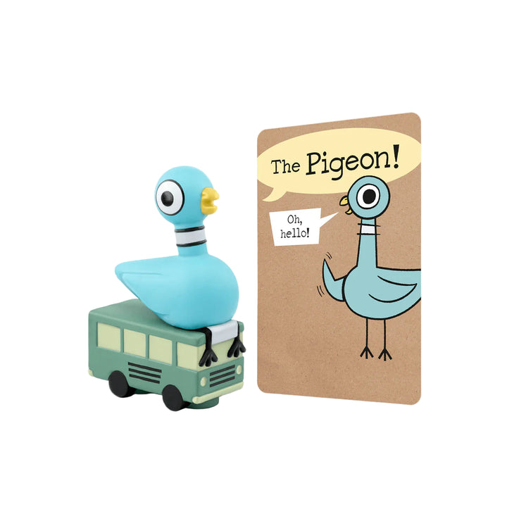 Toy pigeon on a bus with a card labeled 'The Pigeon!' on a white background