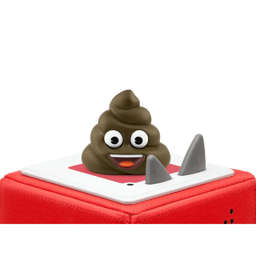 Toy poop emoji on a red and white boat with shark fins on a white background