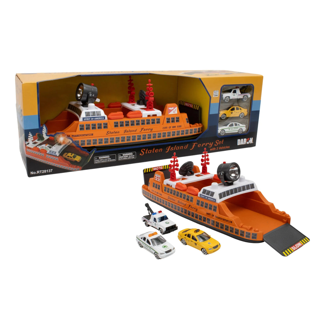 Toy ferry set with cars in packaging on a white background