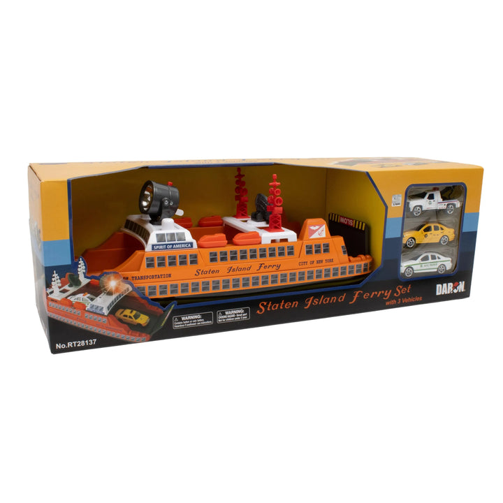 Boxed Staten Island Ferry set with toy cars on a white background